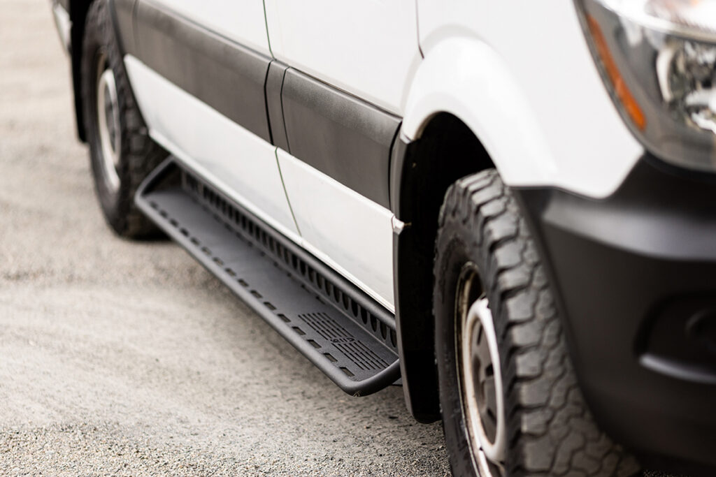 photo of side steps on a California rental van based out of San Diego.