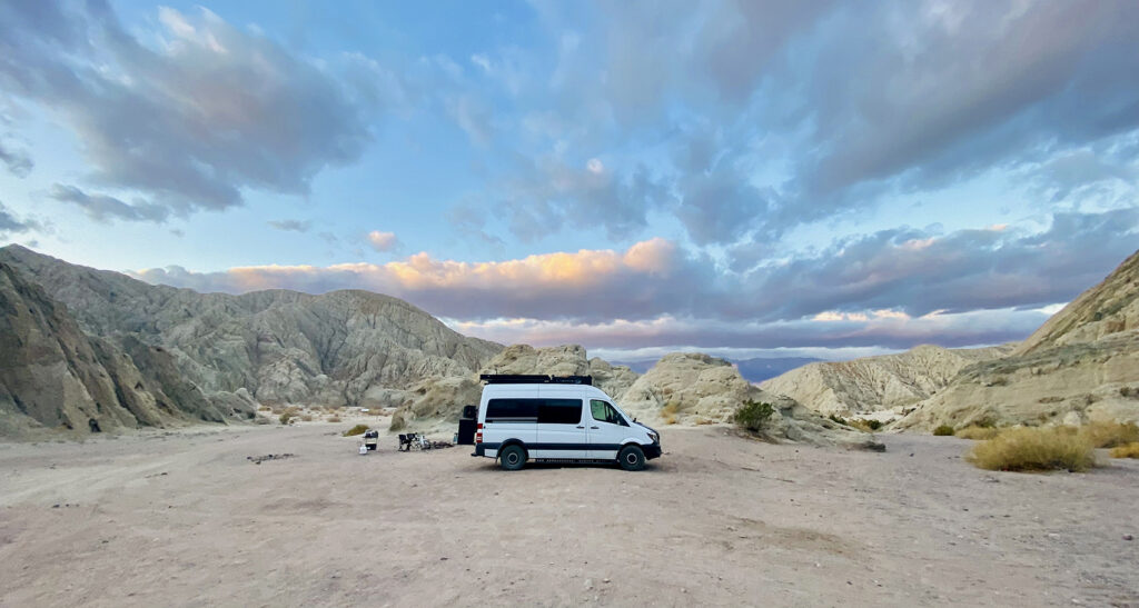 Rental van at dispersed camping site from San Diego, California adventure trip
