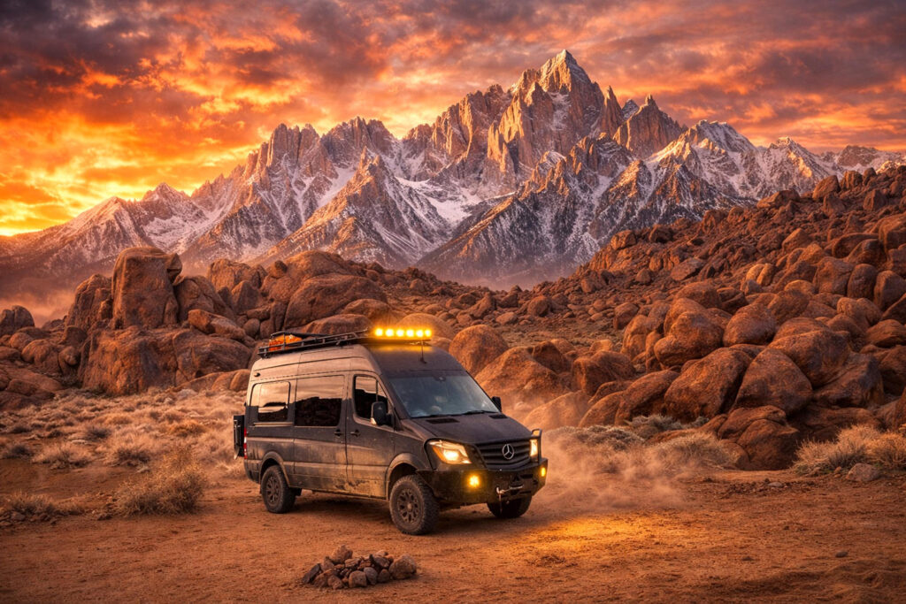 Alabama Hills van sunset photo near Lone Pine