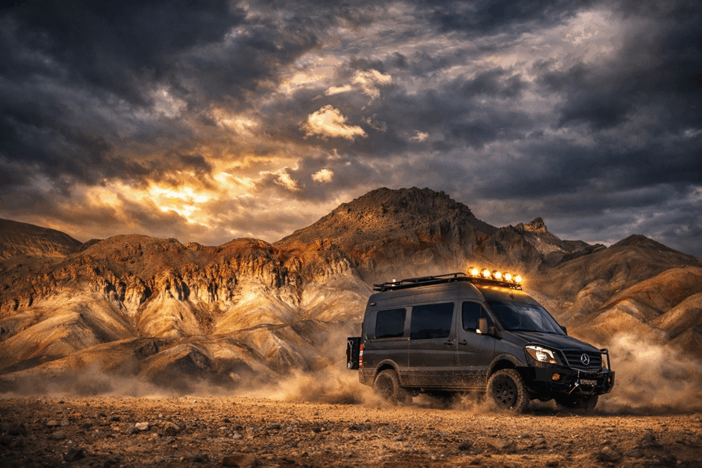Death Valley National Park action van photo at sunset